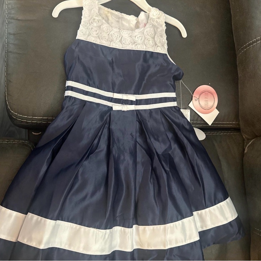 Navy and White Sleeveless Dress with Floral Detail